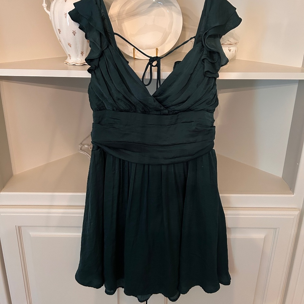 Cellecci Dark Green Cotton Ruffle Shoulder Flowy Mini Dress L Women's Preowned